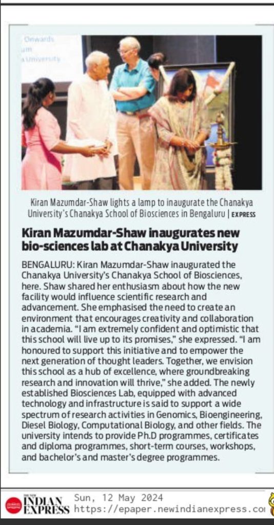 Kiran Mazumdar-Shaw inaugurates new Bio Science lab at Chanakya University - The New Indian Express - 12.05.2024